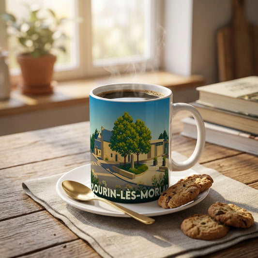 Mug souvenir de la ville de Plourin-lès-Morlaix avec une illustration stylisée.