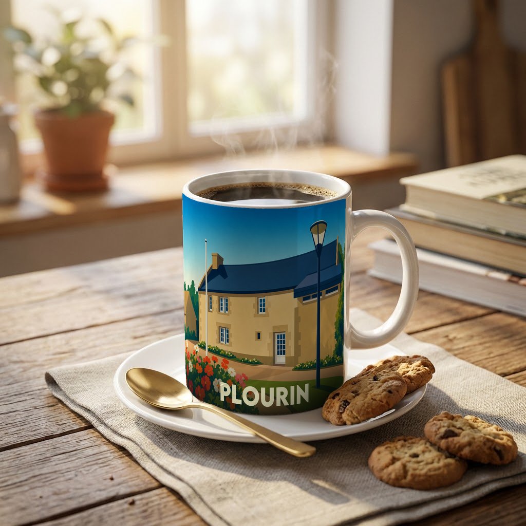 Mug souvenir de la ville de Plourin orné d'une illustration stylisée d'une maison traditionnelle bretonne.