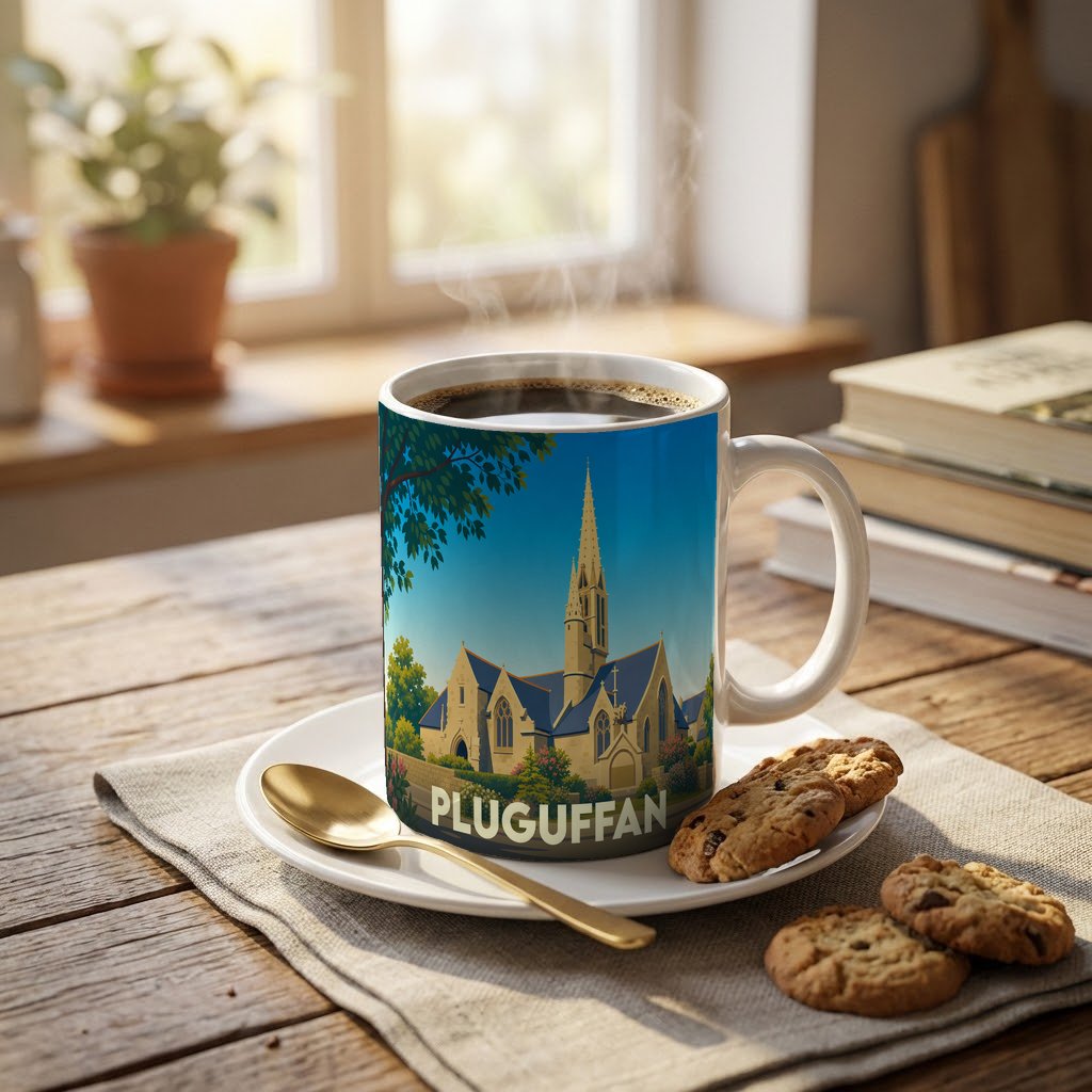 Mug souvenir de la ville de Pluguffan avec une illustration stylisée d'une église.