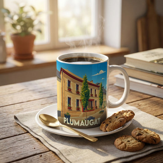 Mug souvenir de la ville de Plumaugat illustré d'un paysage urbain stylisé.