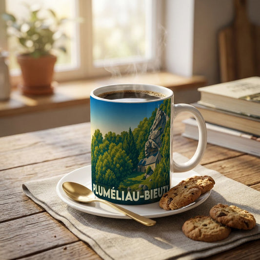 Mug souvenir de la ville de Pluméliau-Bieuzy avec une illustration stylisée d'un paysage verdoyant.
