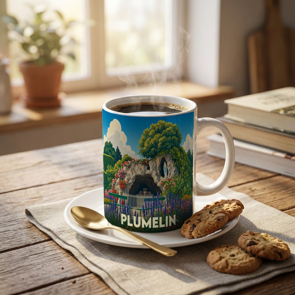 Mug souvenir de la ville de Plumelin avec une illustration stylisée d'une grotte fleurie.