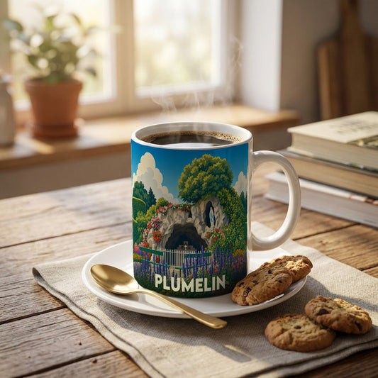 Mug souvenir de la ville de Plumelin orné d'une illustration stylisée de sa grotte fleurie.