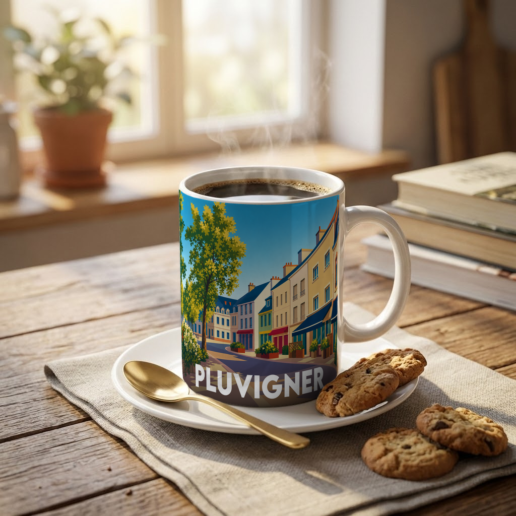 Mug souvenir de la ville de Pluvigner orné d'une illustration stylisée de ses rues colorées.
