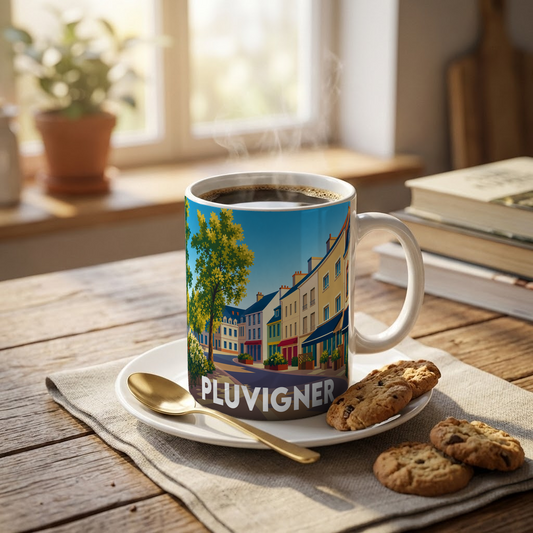 Mug souvenir de la ville de Pluvigner orné d'une illustration stylisée de ses rues colorées.