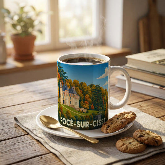 Mug souvenir de la ville de Pocé-sur-Cisse illustré par un château au cœur d'un paysage automnal.