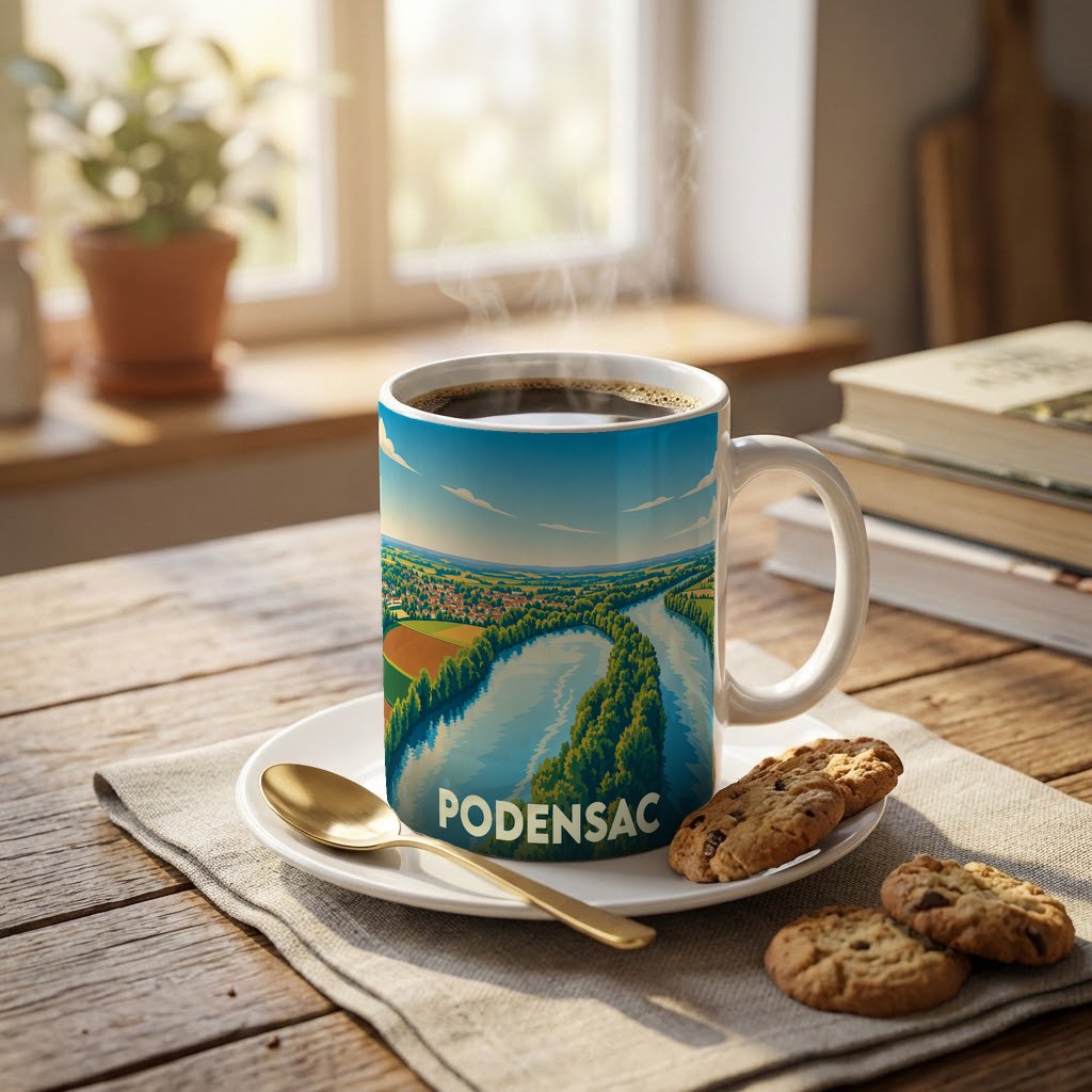 Mug souvenir de la ville de Podensac avec une illustration paysagère stylisée.
