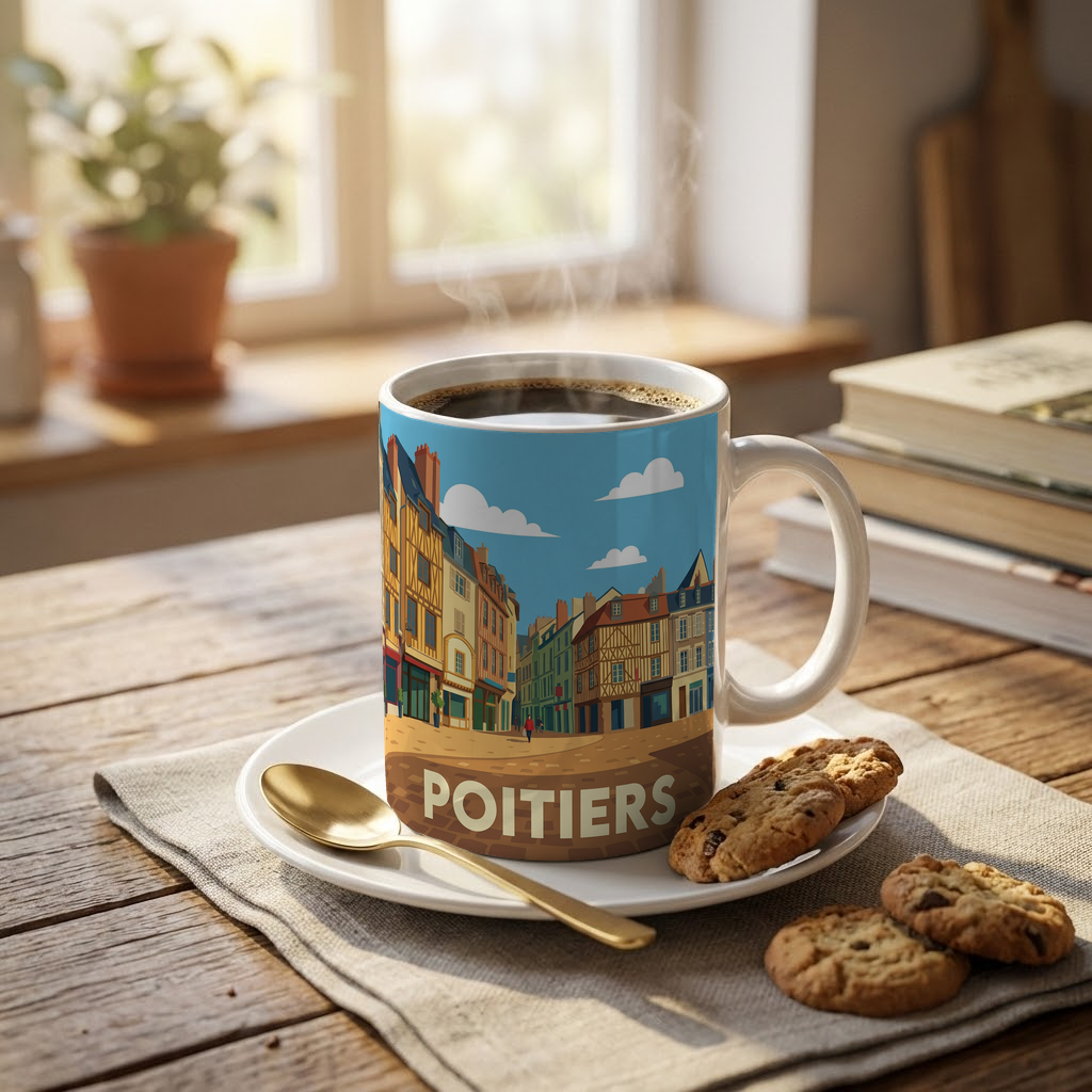 Mug souvenir de la ville de Poitiers avec une illustration stylisée de ses rues médiévales.