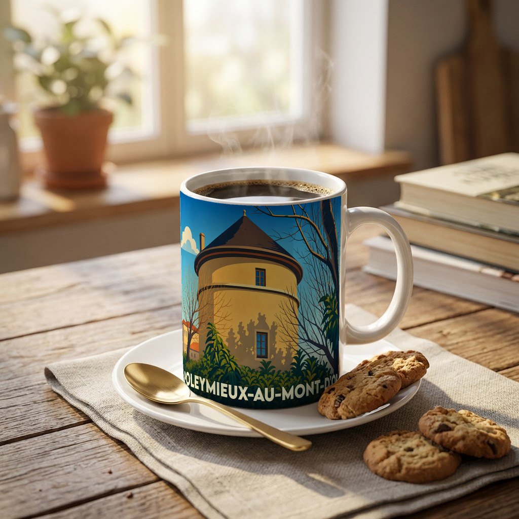 Mug souvenir de Poleymieux-au-Mont-d'Or illustré d'une tour ronde stylisée dans un paysage arboré.