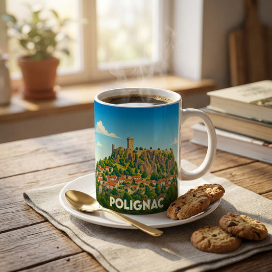Mug souvenir de la ville de Polignac orné d'une illustration stylisée de son château et de son village.