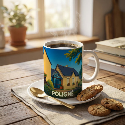 Mug souvenir de la ville de Poligné avec une illustration stylisée d'une maison locale.