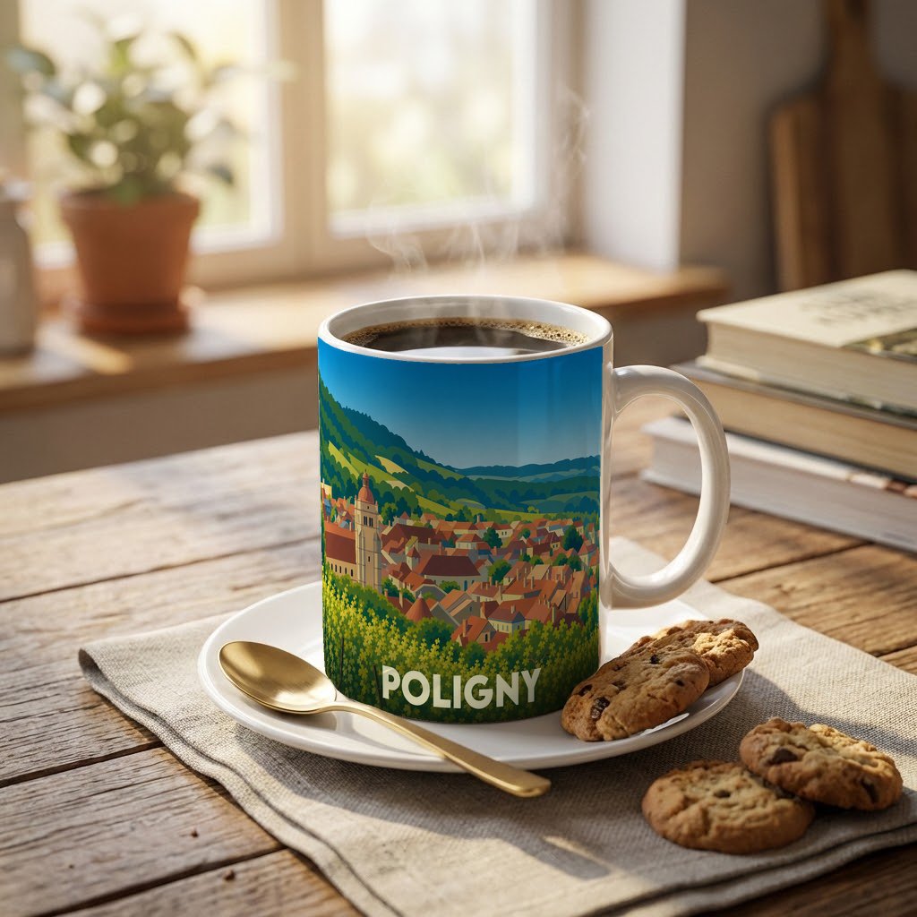 Mug souvenir de la ville de Poligny avec une illustration stylisée d'un paysage urbain et verdoyant.