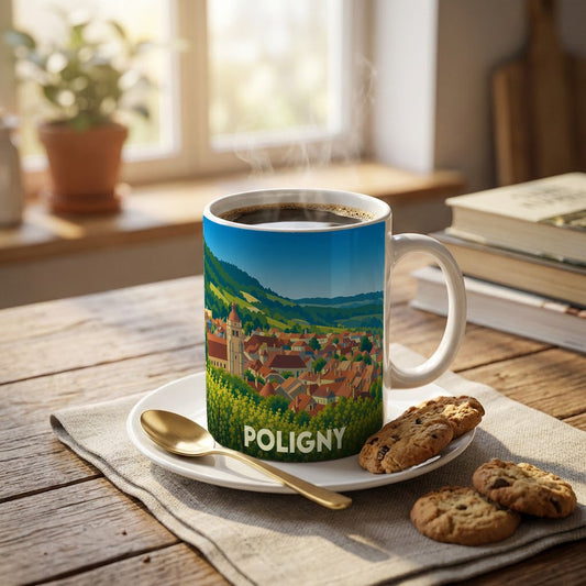Mug souvenir de la ville de Poligny illustré d'un paysage urbain niché dans des collines verdoyantes.