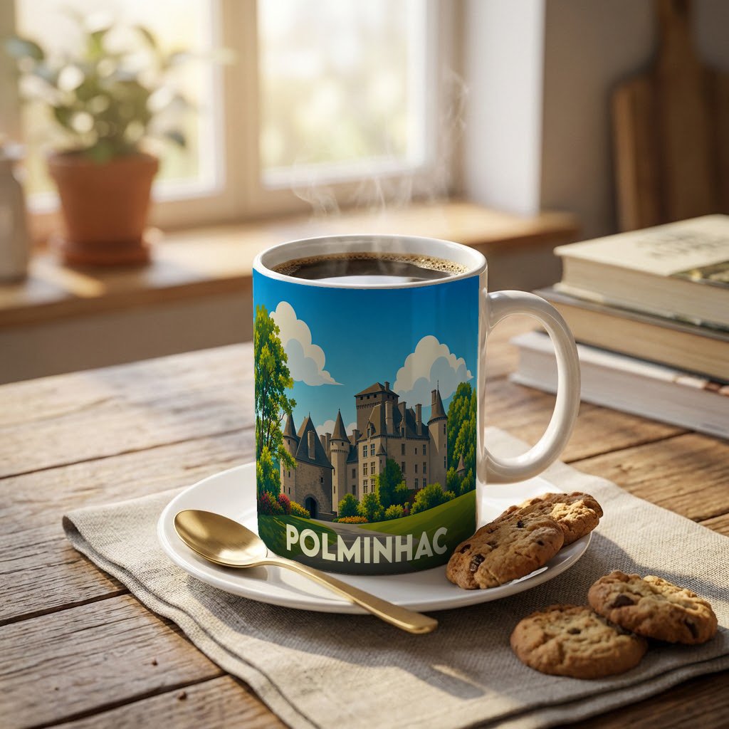 Mug souvenir de la ville de Polminhac orné d'une illustration stylisée de son château médiéval.
