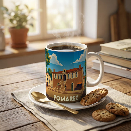Mug souvenir de la ville de Pomarez avec une illustration stylisée d'un bâtiment emblématique.