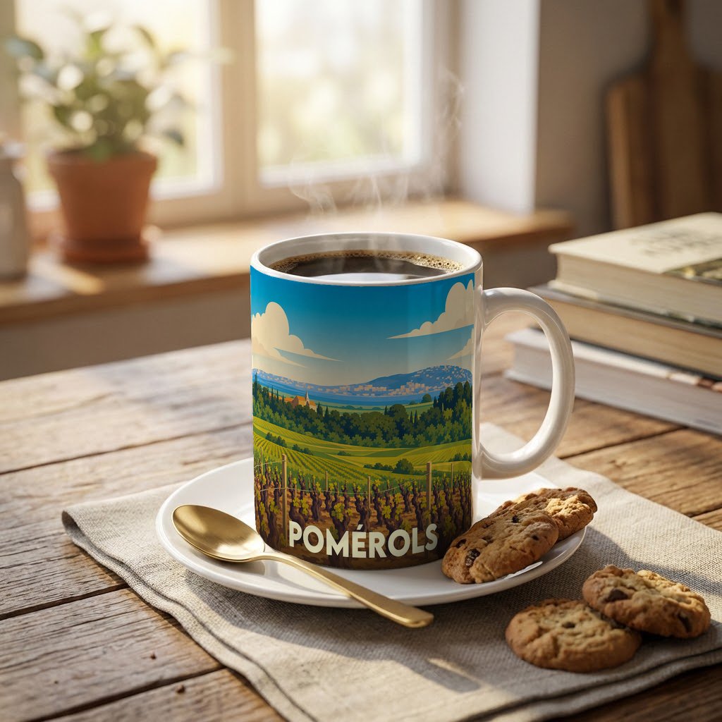 Mug souvenir de la ville de Pomérols avec une illustration stylisée de vignobles.