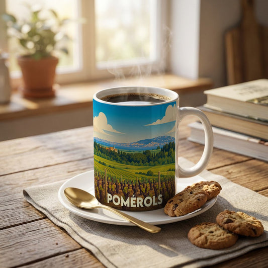 Mug souvenir de la ville de Pomérols avec une illustration stylisée de vignobles.