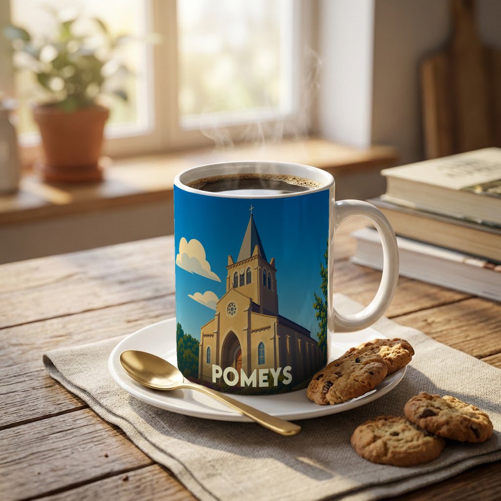 Mug souvenir de la ville de Pomeys avec une illustration stylisée de son église.