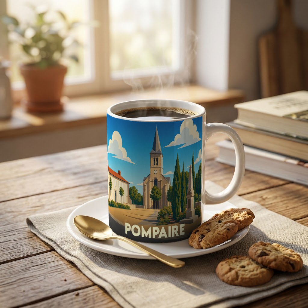 Mug souvenir de la ville de Pompaire avec une illustration stylisée de son église et de ses paysages.