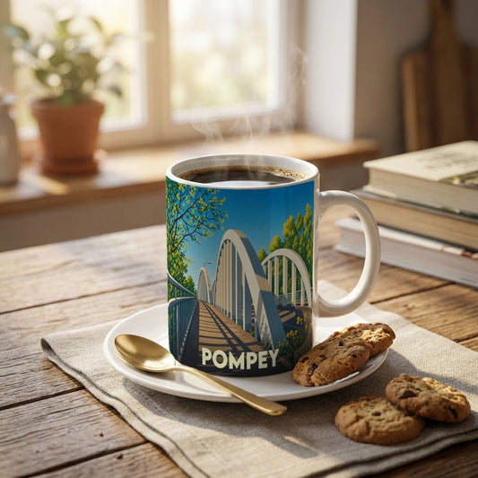 Mug souvenir de la ville de Pompey orné d'une illustration stylisée d'un pont en arc sous un ciel bleu.