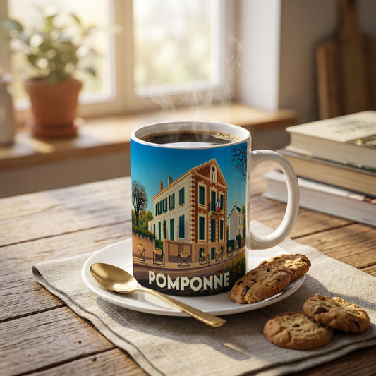 Mug souvenir de la ville de Pomponne orné d'une illustration stylisée de son architecture locale.