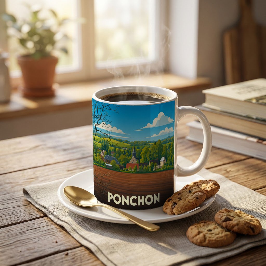 Mug souvenir de la ville de Ponchon avec une illustration stylisée d'un paysage de campagne.