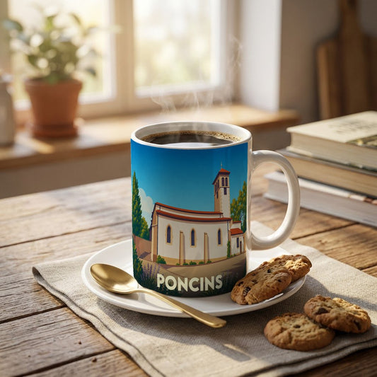 Mug souvenir de la ville de Poncins avec une illustration stylisée d'une église sous un ciel bleu.