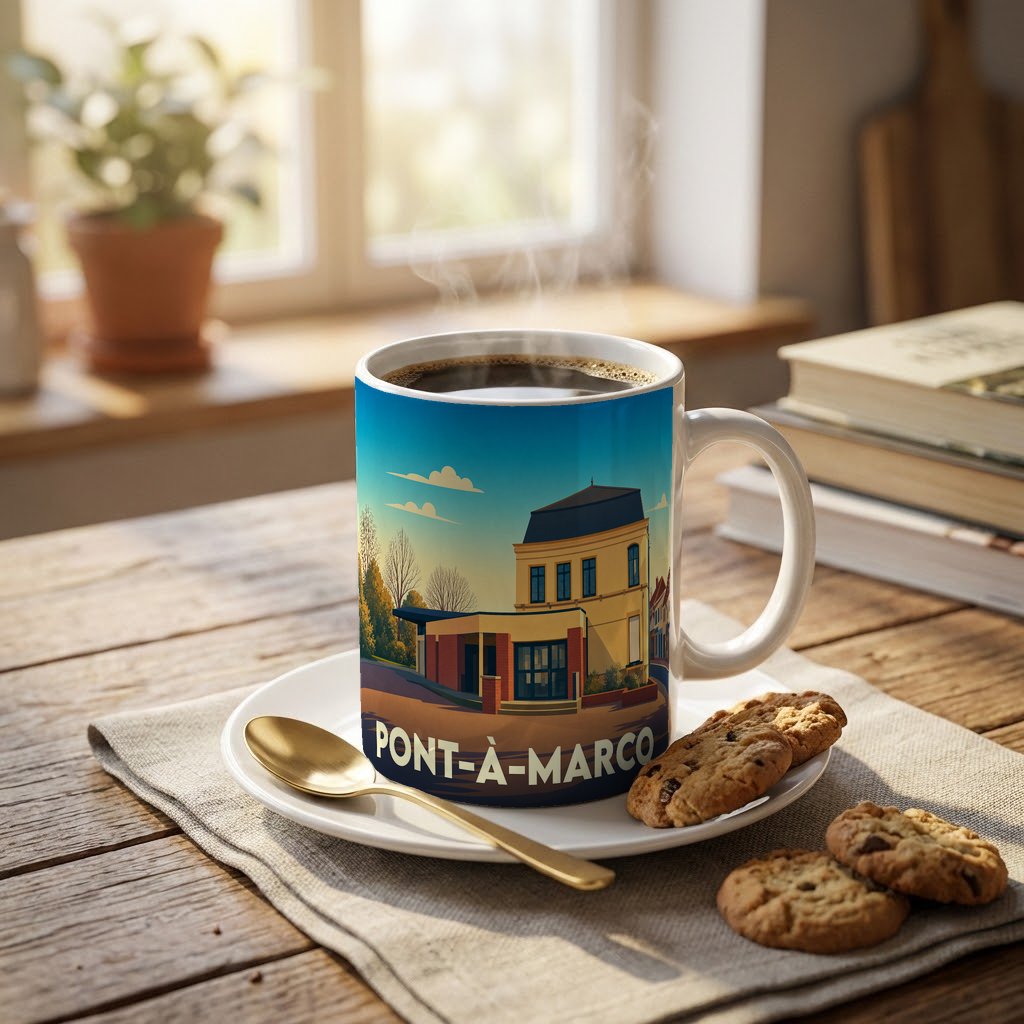 Mug souvenir de la ville de Pont-à-Marcq avec une illustration stylisée.