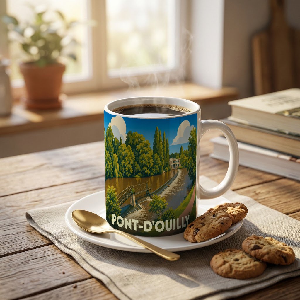 Mug souvenir de la ville de Pont-d'Ouilly illustré d'un paysage de rivière verdoyant.