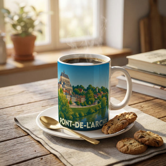 Mug souvenir de la ville de Pont-de-l'Arche avec une illustration stylisée.