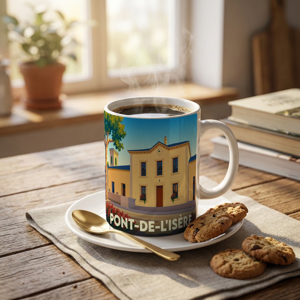 Mug souvenir de la ville de Pont-de-l'Isère avec une illustration stylisée de sa mairie.