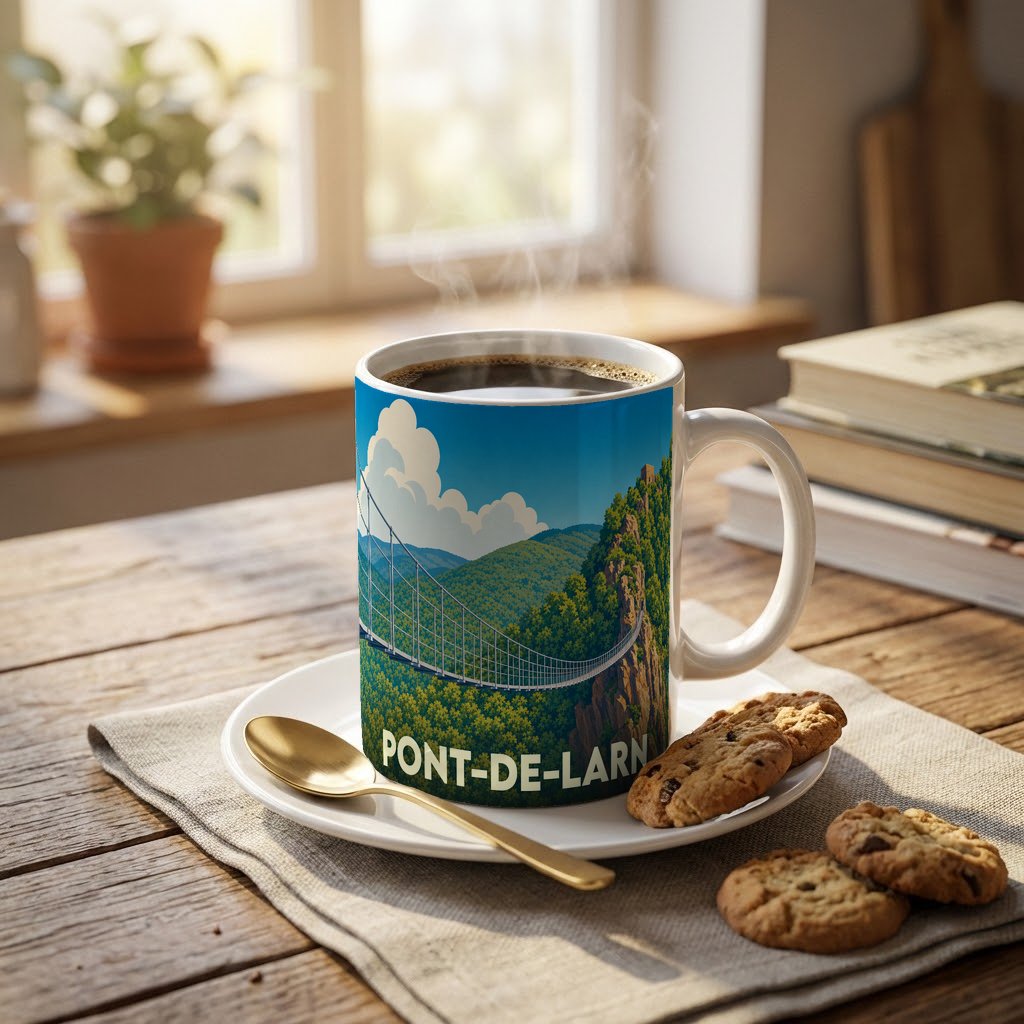 Mug souvenir de la ville de Pont-de-Larn illustrant sa célèbre passerelle suspendue dans un style graphique.