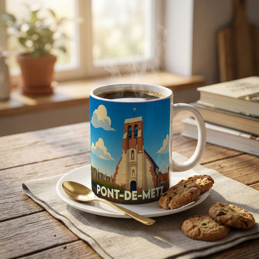 Mug souvenir de la ville de Pont-de-Metz orné d'une illustration stylisée de son église.