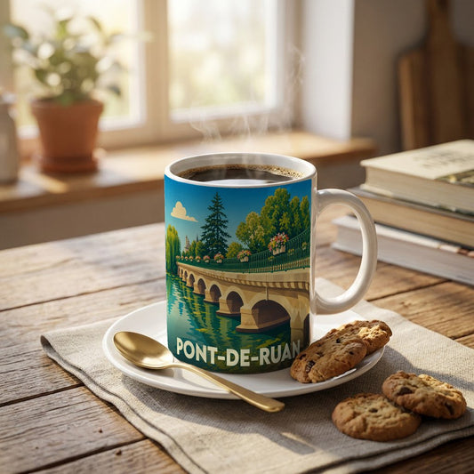 Mug souvenir de la ville de Pont-de-Ruan avec une illustration stylisée d'un pont en pierre sur une rivière.