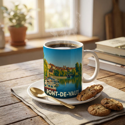 Mug souvenir de la ville de Pont-de-Vaux orné d'une illustration stylisée de son port fluvial.