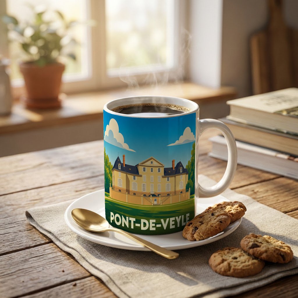 Mug souvenir de la ville de Pont-de-Veyle orné d'une illustration stylisée de son château.