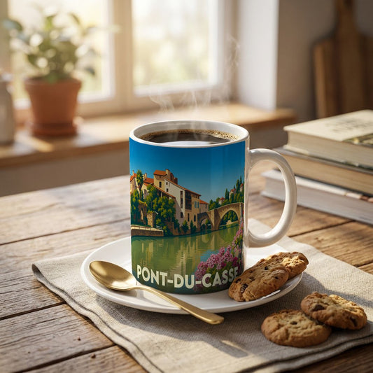 Mug souvenir de la ville de Pont-du-Casse avec une illustration stylisée d'un pont et d'un village au bord de l'eau.