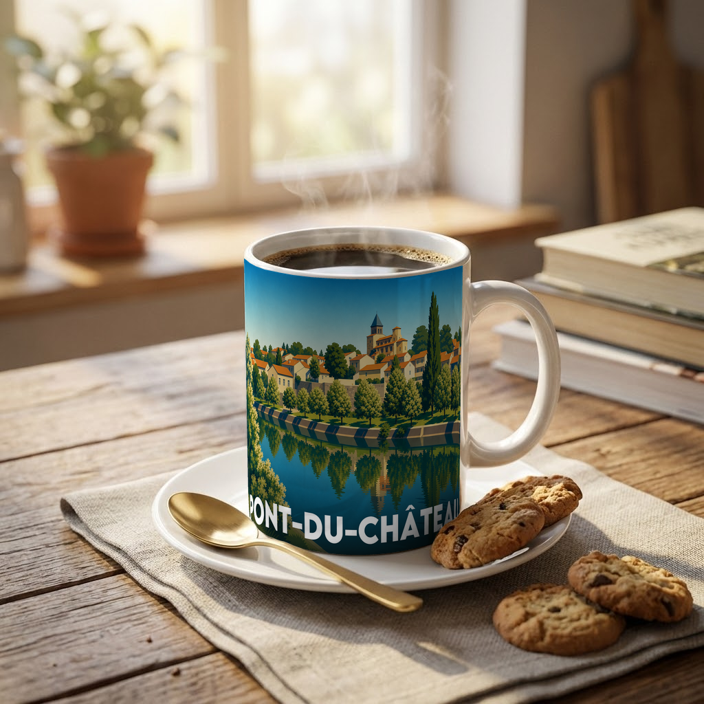 Mug souvenir de la ville de Pont-du-Château avec une illustration stylisée.