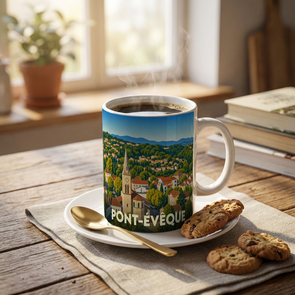 Mug souvenir de la ville de Pont-Évêque orné d'une illustration stylisée du paysage urbain.