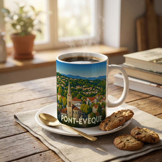 Mug souvenir de la ville de Pont-Évêque orné d'une illustration stylisée du paysage urbain.