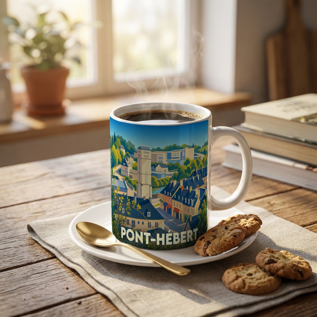 Mug souvenir de la ville de Pont-Hébert illustré par un paysage urbain stylisé et coloré.