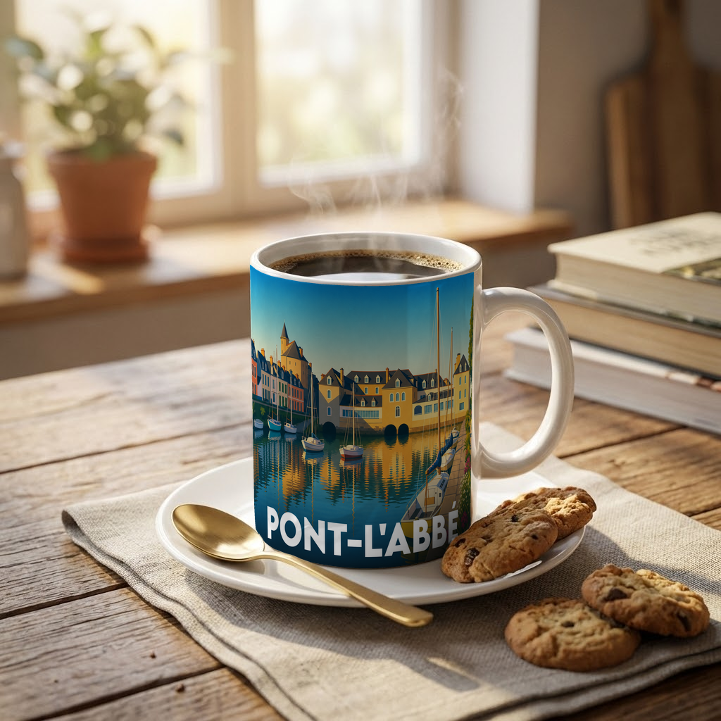Mug souvenir de la ville de Pont-l'Abbé avec une illustration stylisée d'un port au soleil couchant.