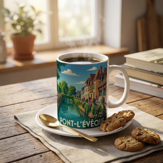 Mug souvenir de la ville de Pont-l'Évêque avec une illustration stylisée.