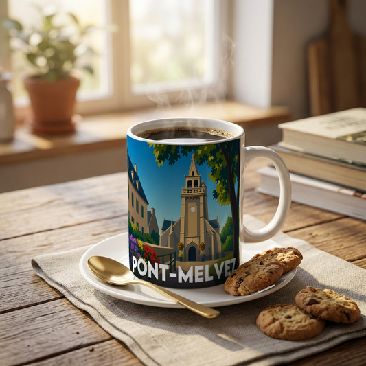 Mug souvenir de la ville de Pont-Melvez avec une illustration stylisée.