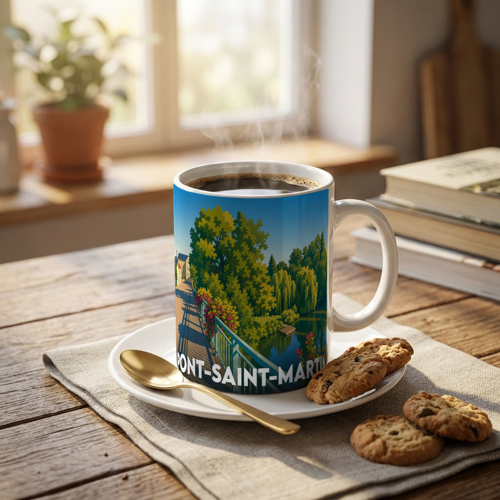 Mug souvenir de la ville de Pont-Saint-Martin avec une illustration stylisée et colorée.