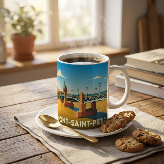 Mug souvenir de la ville de Pont-Saint-Pierre orné d'une illustration stylisée de son pont emblématique.
