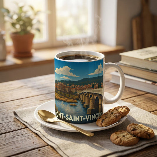 Mug souvenir de la ville de Pont-Saint-Vincent avec une illustration stylisée d'un pont et de la ville.