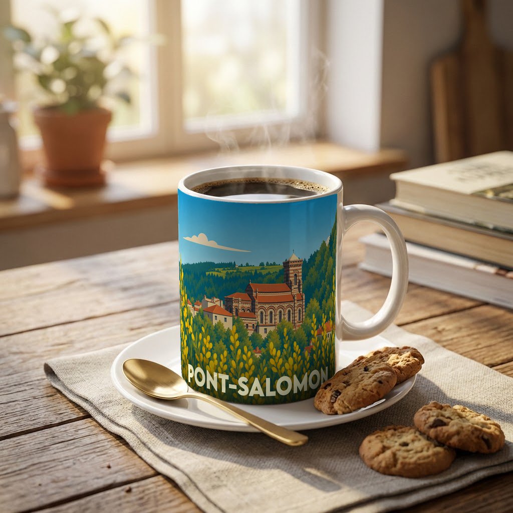 Mug souvenir de la ville de Pont-Salomon illustré d'un paysage stylisé et de son église.