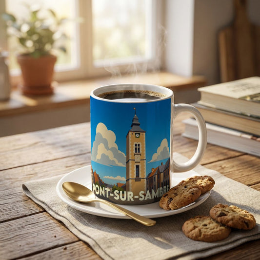 Mug souvenir de la ville de Pont-sur-Sambre orné d'une illustration stylisée de son beffroi sous un ciel bleu.