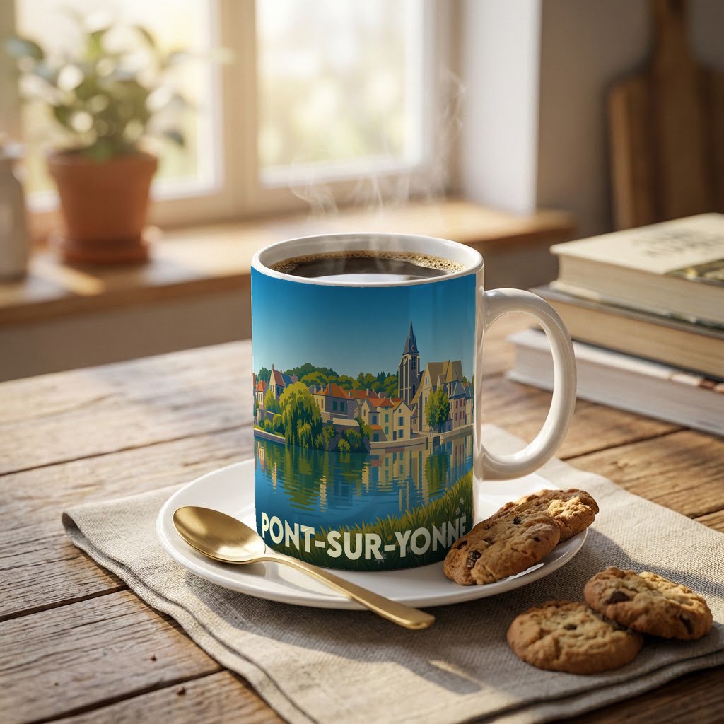 Mug souvenir de la ville de Pont-sur-Yonne avec une illustration stylisée des bords de l'Yonne.